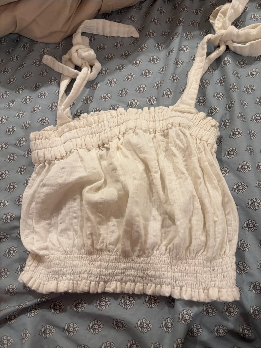 Women's Cream Smocked Crop Top with Tie Straps